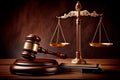 Judge gavel and Scales of Justice in the Court Hall. Law concept of Judiciary, Jurisprudence and Justice. Copy space. Based on Royalty Free Stock Photo