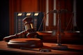 Judge gavel and Scales of Justice in the Court Hall. Law concept of Judiciary, Jurisprudence and Justice. Copy space. Based on Royalty Free Stock Photo