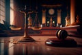 Judge gavel and Scales of Justice in the Court Hall. Law concept of Judiciary, Jurisprudence and Justice. Copy space. Based on Royalty Free Stock Photo