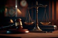 Judge gavel and Scales of Justice in the Court Hall. Law concept of Judiciary, Jurisprudence and Justice. Copy space. Based on Royalty Free Stock Photo