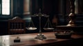 Judge gavel and Scales of Justice in the Court Hall. Law concept of Judiciary, Jurisprudence and Justice. Copy space. Generative Royalty Free Stock Photo