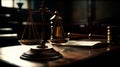 Judge gavel and Scales of Justice in the Court Hall. Law concept of Judiciary, Jurisprudence and Justice. Copy space. Generative Royalty Free Stock Photo