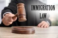 Judge with gavel at table in courtroom. Immigration law concept Royalty Free Stock Photo