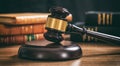 Judge gavel on a wooden desk, law books background Royalty Free Stock Photo