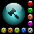 Judge hammer icons in color illuminated glass buttons