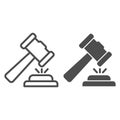 Judge hammer line and solid icon. Court judges gavel or auction, attribute of justice. Jurisprudence vector design