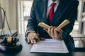 Judge with hammer and scales on table, concept of court and justice, lawyer, justice, consultant Royalty Free Stock Photo