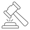 Judge hammer thin line icon. Court judges gavel or auction, attribute of justice. Jurisprudence vector design concept