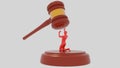 Judge Hammer on white background with red human. Injustice of the law. Unjustly accused. 3D Gavel. Render.