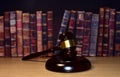 Judge hammer on wooden table. Justice concept in courtroom. Mallet of judge on law theme and legal system. Risk tools help judges Royalty Free Stock Photo