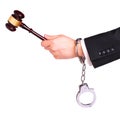 Judge hand with gavel in handcuffs isolated