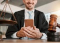 Judge hands, phone and happy man reading attorney communication, networking or contact legal consultant. Lawyer