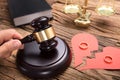 Judge Hitting Mallet By Broken Paper Heart With Rings Royalty Free Stock Photo