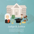 Judge man in judicial robe and wig, justice and court, law book and hummer cartoon character vector illustration.