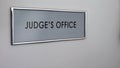 Judge office door, court hearing, justice system, jurisprudence and prosecution