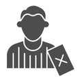 Judge and penalty proof solid icon. Soccer or football referee with red card symbol, glyph style pictogram on white