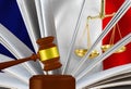 The judge\'s gavel, the book of laws and scales against the background of the flag of the French Republic.3d-image