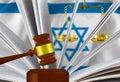 The judge`s gavel, the book of laws and scales against the background of the flag of Israel.3d-image