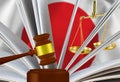 The judge\'s gavel, the book of laws and scales against the background of the flag of Japan.3d-image