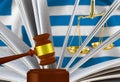 The judge\'s gavel, the book of laws and scales against the background of the flag of Republic of Greece.3d-image