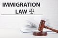 Judge`s gavel, book and words IMMIGRATION LAW on background Royalty Free Stock Photo