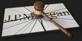 Broken logo of JPMORGAN and judge's gavel. Editorial conceptual 3d rendering