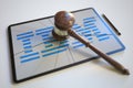 Judge's gavel and broken tablet computer screen with logo of IBM. Editorial conceptual 3d rendering