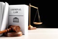 Judge`s gavel, Criminal Law book and scales on table against black background. Space for text Royalty Free Stock Photo