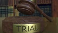 Judge`s gavel falling and hitting the block with TRIAL inscription