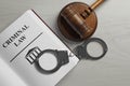 Judge`s gavel, handcuffs and Criminal law book on wooden background, flat lay Royalty Free Stock Photo