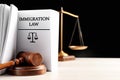 Judge`s gavel, Immigration law book and scales on table against background. Space for text Royalty Free Stock Photo