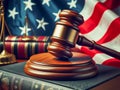 Judge's gavel, a law book and the American flag. American Justice, judicial system in the United States Royalty Free Stock Photo