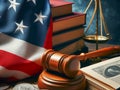 Judge's gavel, a law book and the American flag. American Justice, judicial system in the United States Royalty Free Stock Photo