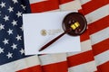 Judge's gavel, lawyers office deportation U.S. Citizenship and Immigration Services of naturalization with U.S. flag