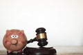 Judge`s gavel and piggy bank on white background with copy space