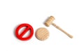 Judge`s gavel and red symbol NO. Laws and regulations aimed at prohibition and restriction. Censorship. Termination