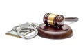 Judge`s Gavel With Stack Of Money And Handcuffs On White.