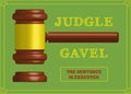 Judge`s hammer of brown wood with a gold panel in 3D on a green background.