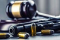 Judge's hammer gavel. Justice and gun. Justice and the judiciary in the unlawful use of of weapons. Judgment in murder Royalty Free Stock Photo