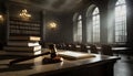 Judge table with wooden court gavel files and books in empty courtroom Royalty Free Stock Photo