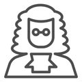 Judge in a wig line icon. A lawyer with peruke and glasses. Jurisprudence design concept, outline style pictogram on