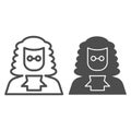 Judge in a wig line and solid icon. A lawyer with peruke and glasses. Jurisprudence design concept, outline style