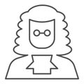 Judge in a wig thin line icon. Lawyer with peruke and glasses. Jurisprudence design concept, outline style pictogram on