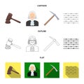 Judge, wooden hammer, barbed wire, pickaxe. Prison set collection icons in cartoon,outline,flat style vector symbol