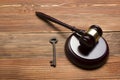 Judges Auctioneer Gavel, Retro Door Key On The Wood Table. Concept For Trial, Bankruptcy, Tax, Mortgage, Auction Royalty Free Stock Photo