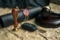 Judges gavel and car key Traffic law Royalty Free Stock Photo