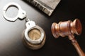Judges Gavel, Handcuffs And Old Book On The Black Table Royalty Free Stock Photo