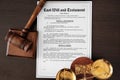 Judges gavel, justice scales and document on table, top view Royalty Free Stock Photo