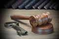 Judges Gavel, Old Key And Law Book On Wood Table Royalty Free Stock Photo