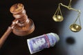 Judges Gavel, Scale Of Justice And British Cash On Table